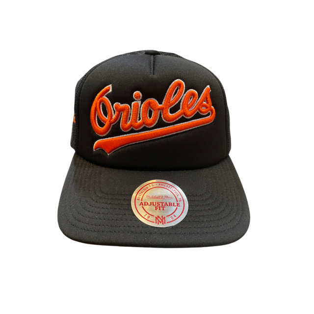 Baltimore Orioles Mitchell & Ness Blocker Foam Wordmark Trucker Snap Back Hat- Black