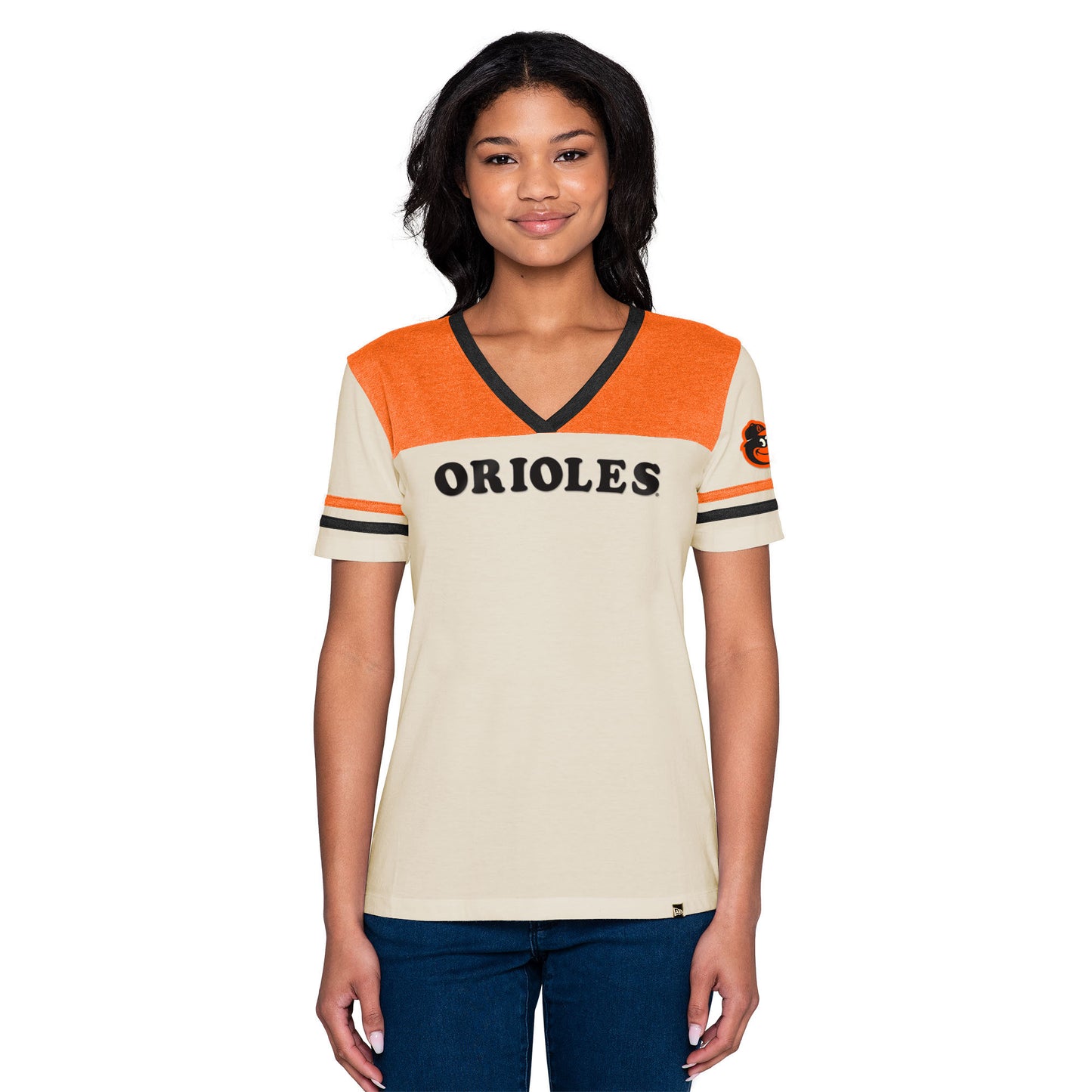 Baltimore Orioles New Era Throwback Cream V-neck Women's T-Shirt