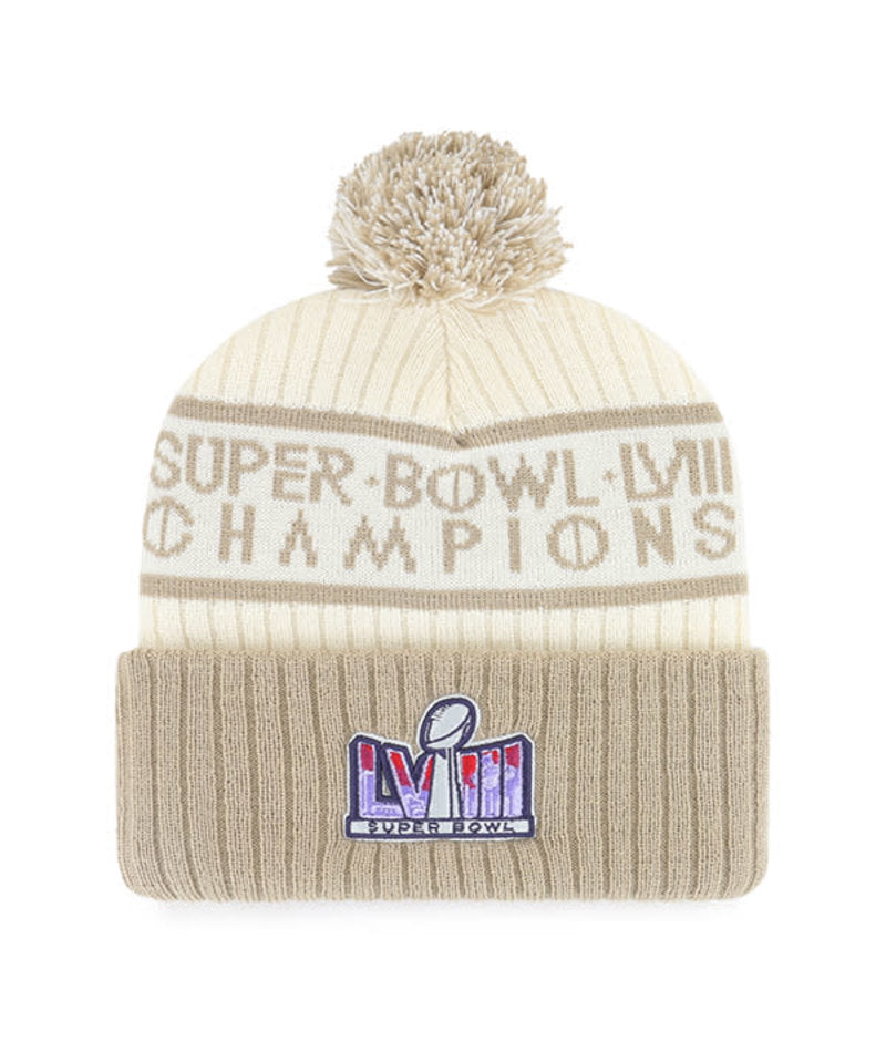 Kansas City Chiefs '47 Super Bowl LVIII Champions Type Cuffed Pom Knit Hat - Natural