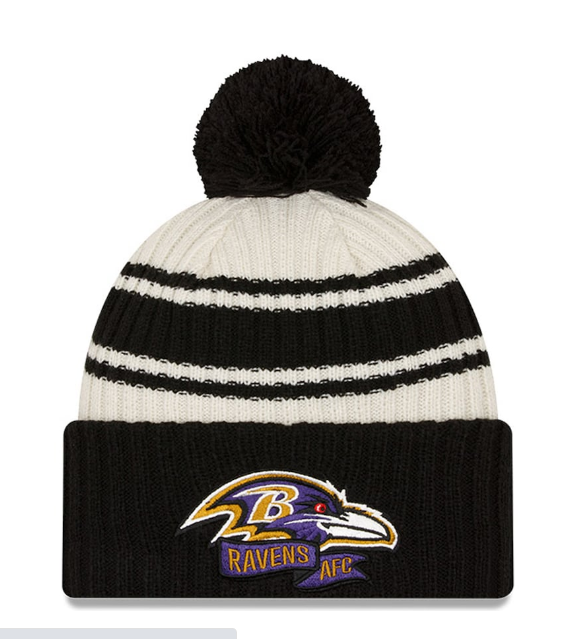Baltimore Ravens New Era Sideline Banner Black & Cream Sport Knit Hat w/Ball