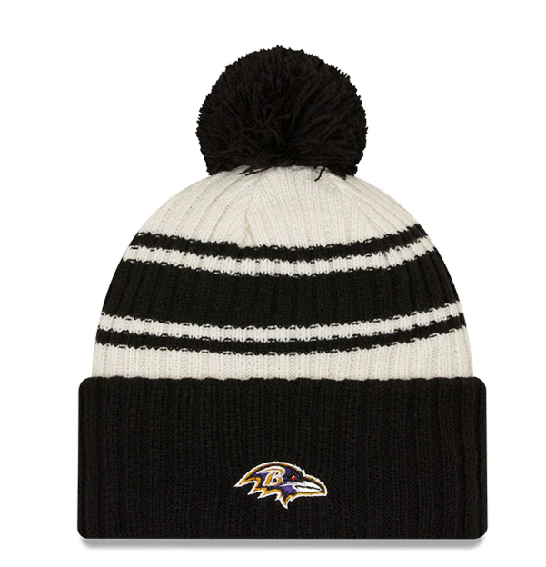 Baltimore Ravens New Era Sideline Banner Black & Cream Sport Knit Hat w/Ball