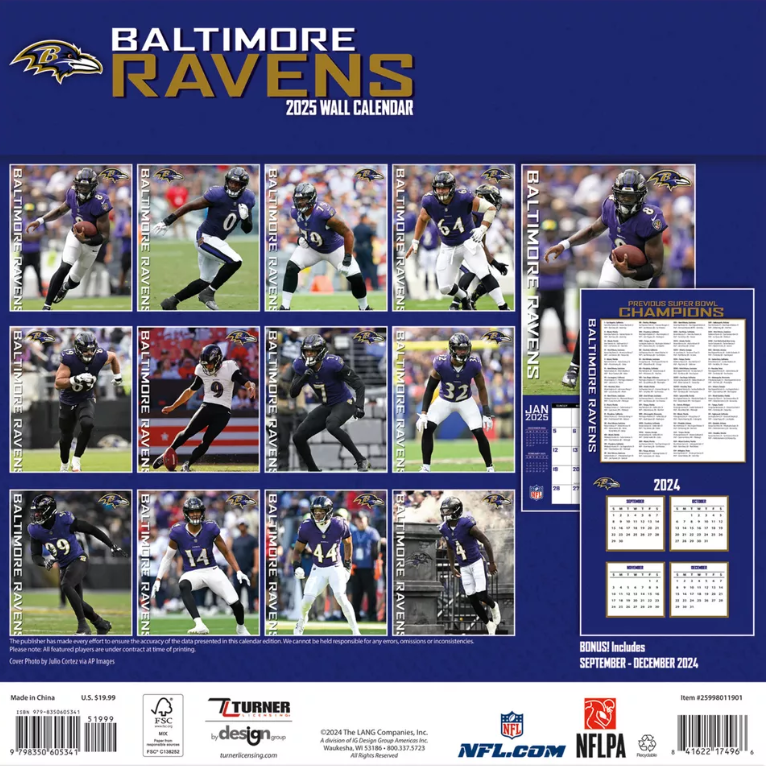 NFL Baltimore Ravens 2025 Wall Calendar