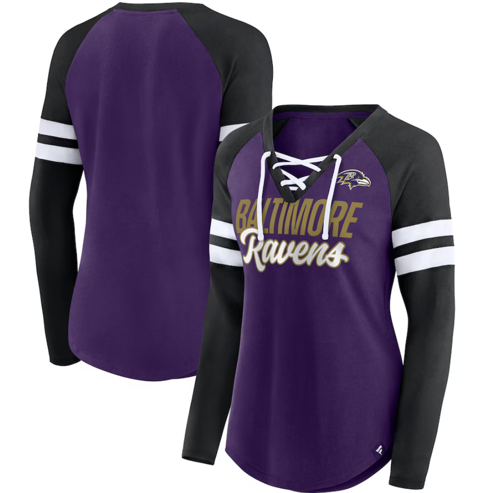 Baltimore Ravens Women's Fanatics Purple/Black True to Form Raglan Lace-Up V-Neck Long Sleeve T-Shirt