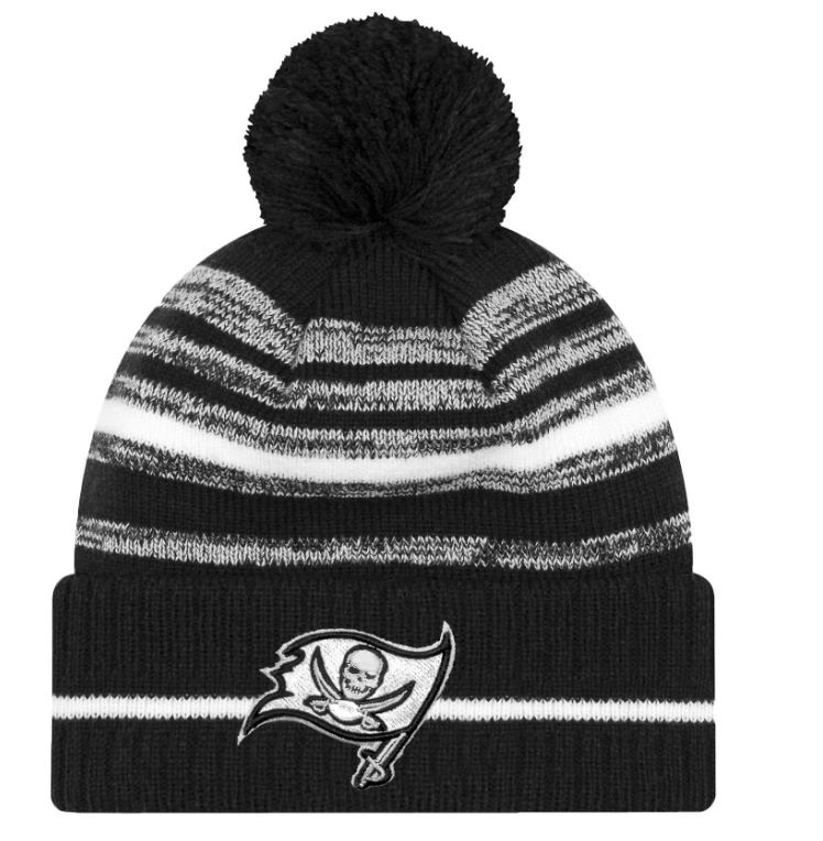Tampa Bay Buccaneers New Era Sideline Sport Cuffed Pom Knit Hat- Black and White