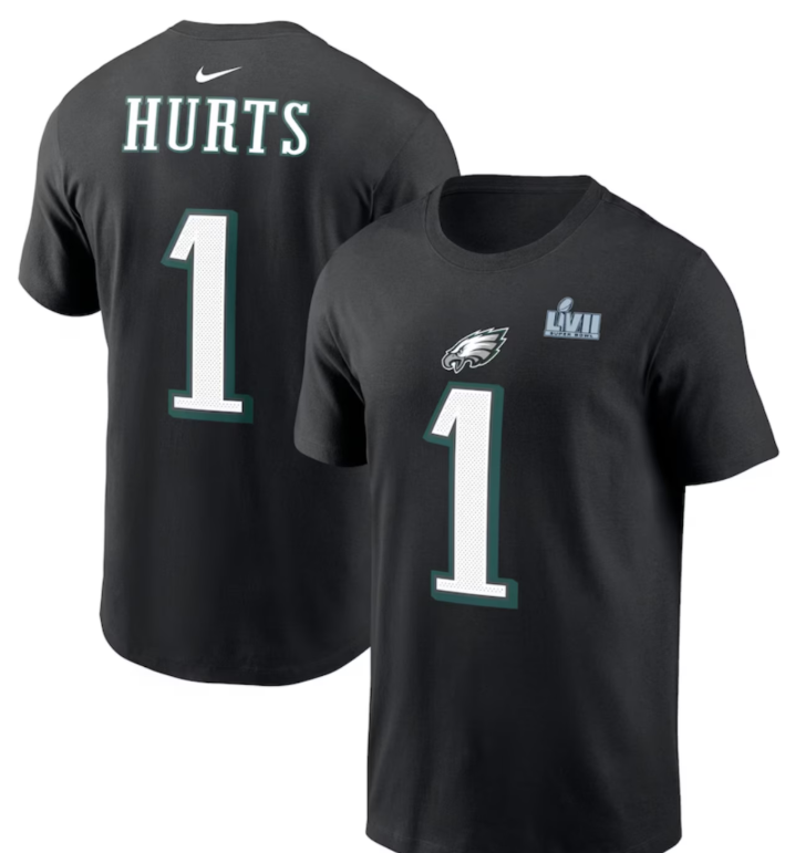 Philadelphia Eagles Nike #1 Jalen Hurts Youth Super Bowl LVII Participant t-shirt- Black