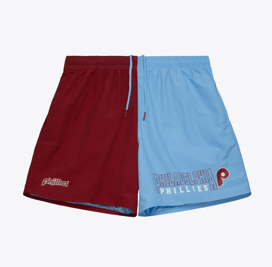 Philadelphia Phillie Mitchell & Ness Vintage Woven Shorts- Burgandy/Blue