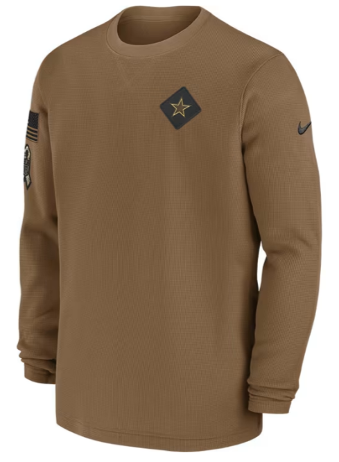 Dallas Cowboys Nike Sideline Salute To Service Heavy Brushed Waffle Crew Neck Shirt - Brown