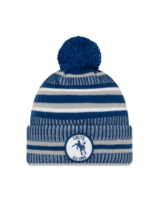 Indianapolis Colts New Era Historic Sideline Sport Cuffed Pom Knit Hat- Blue