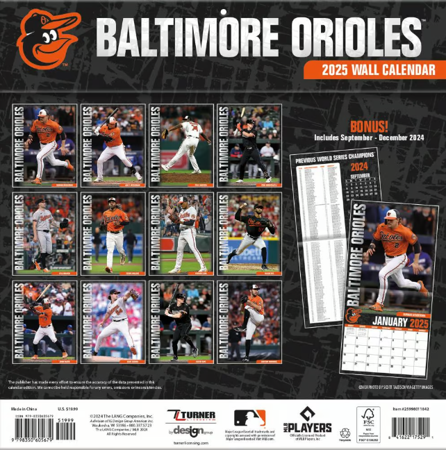 MLB Baltimore Orioles 2025 Wall Calendar