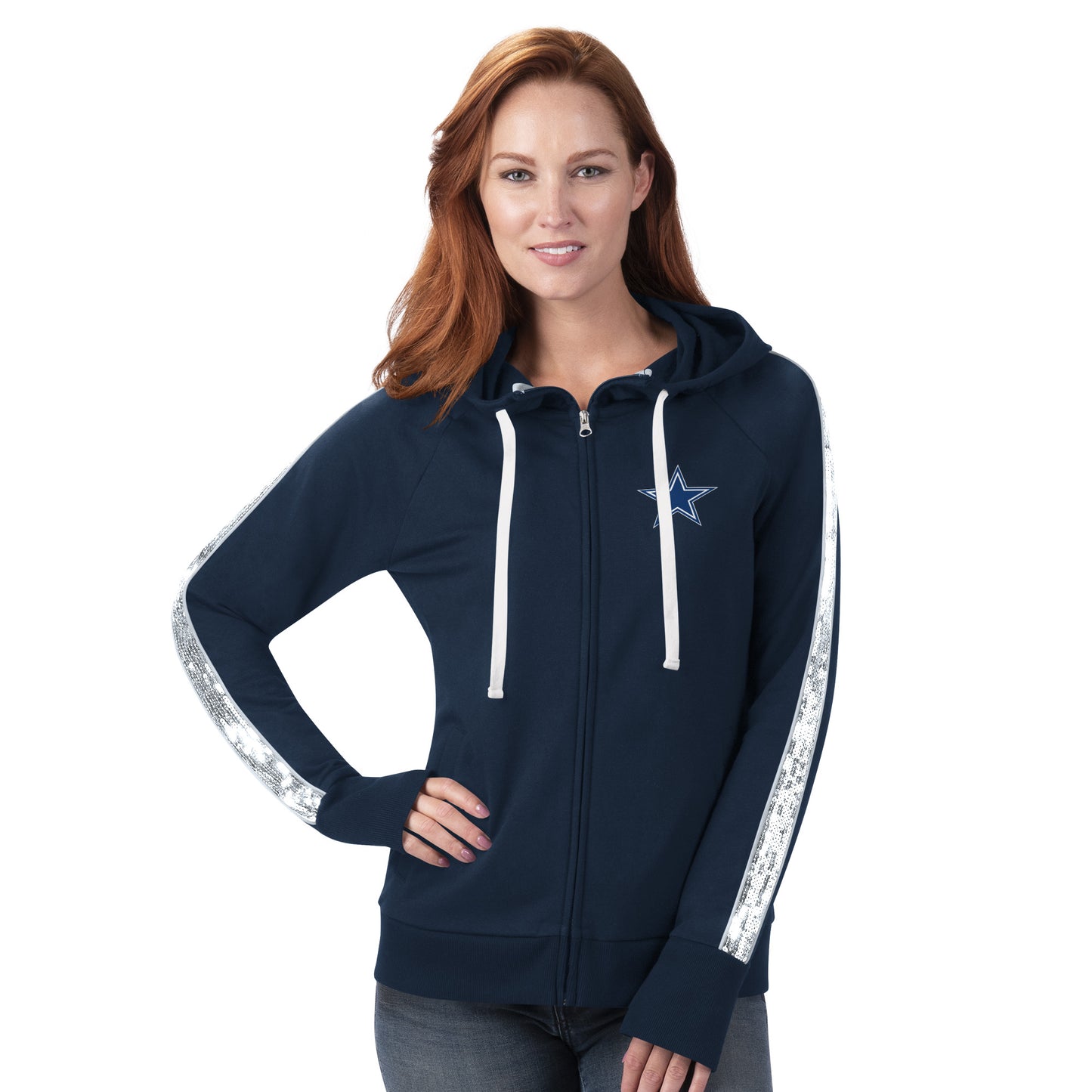 Dallas Cowboys G-III Women's Navy Game Changer Bedazzled Full Zip Hoodie