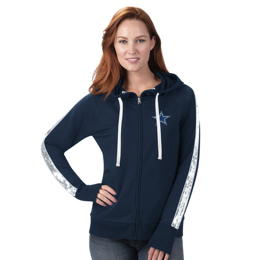 Dallas Cowboys G-III Women's Navy Game Changer Bedazzled Full Zip Hoodie