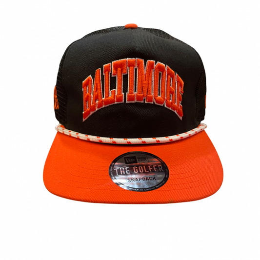 Baltimore Orioles New Era Wordmark Rope Trucker Golfer Snapback