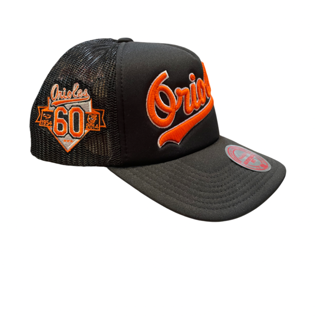 Baltimore Orioles Mitchell & Ness Blocker Foam Wordmark Trucker Snap Back Hat- Black