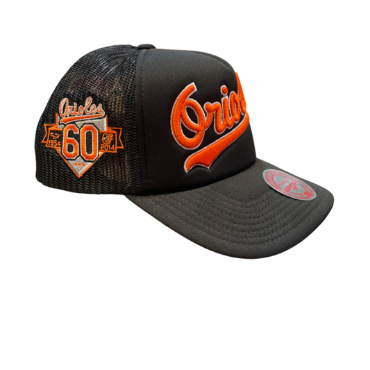 Baltimore Orioles Mitchell & Ness Blocker Foam Wordmark Trucker Snap Back Hat- Black