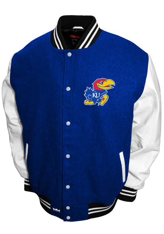Kansas Jayhawks Franchise Club Full-Snap Letterman Grad Wool Leather Jacket - Blue