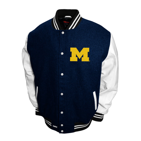 Michigan Wolverines Franchise Club Full-Snap Letterman Grad Wool Leather Jacket - Navy
