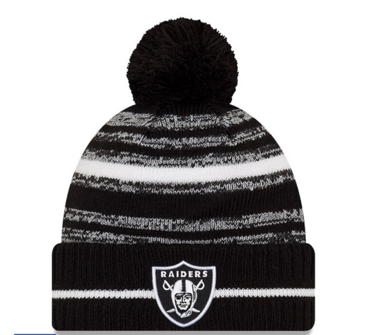 Las Vegas Raiders New Era Sideline Sport Knit Hat Black & White - PomPom