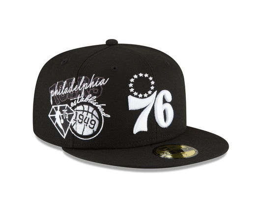 Philadelphia 76ers New Era Black and White Back Half 59fifty Fitted Hat