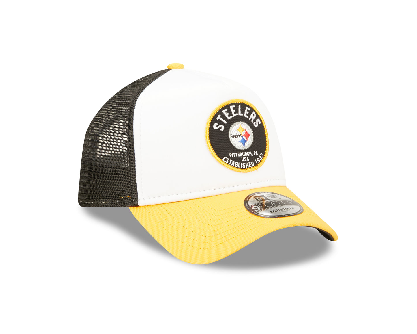 Pittsburgh Steelers New Era NFL Foam Patch Trucker Mesh Hat 9FORTY - Black
