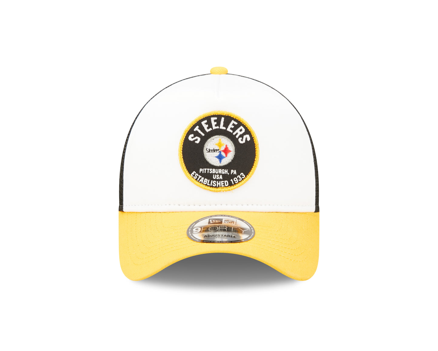 Pittsburgh Steelers New Era NFL Foam Patch Trucker Mesh Hat 9FORTY - Black