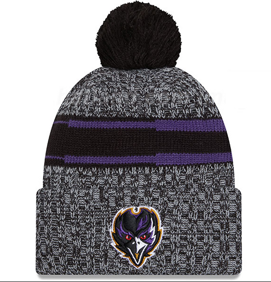 Baltimore Ravens New Era Sideline Sport Front Bird Knit Hat w/Ball- Black