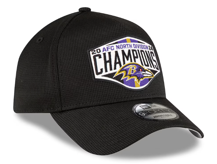 Baltimore Ravens 2024 AFC North Division Locker Room Champions 9FORTY Adjustable Hat -Black