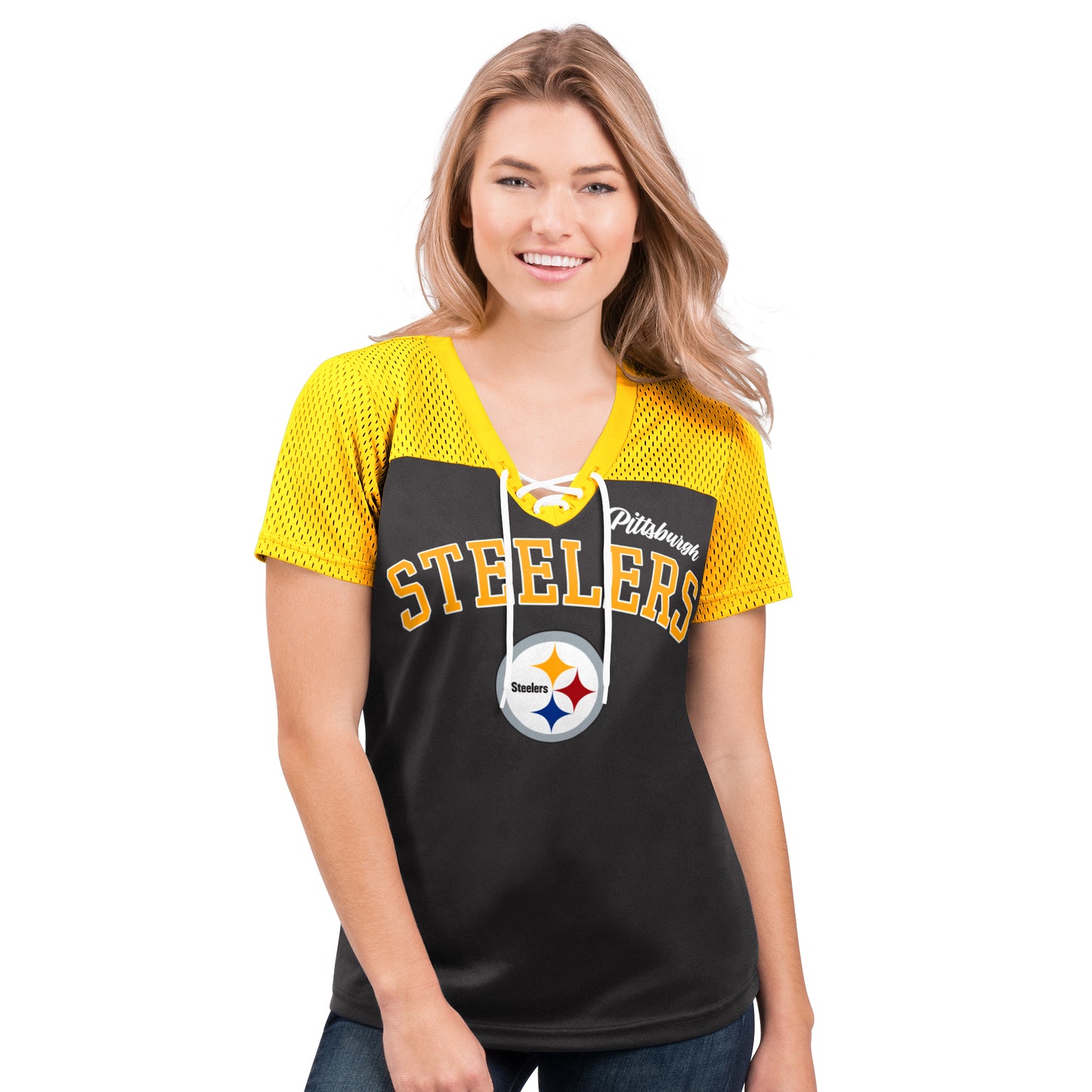 Pittsburgh Steelers G-III Shuffle It Womens Mesh T-Shirt - Black