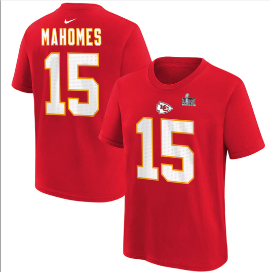 Kansas City Chiefs Nike #15 Patrick Mahomes Youth Super Bowl LIX Play T-Shirt Red