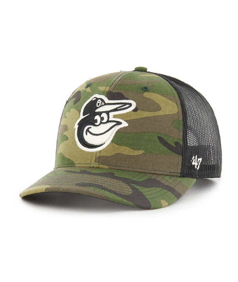 Baltimore Orioles '47 Brand Woodland Camo Trucker Mesh Snapback Hat