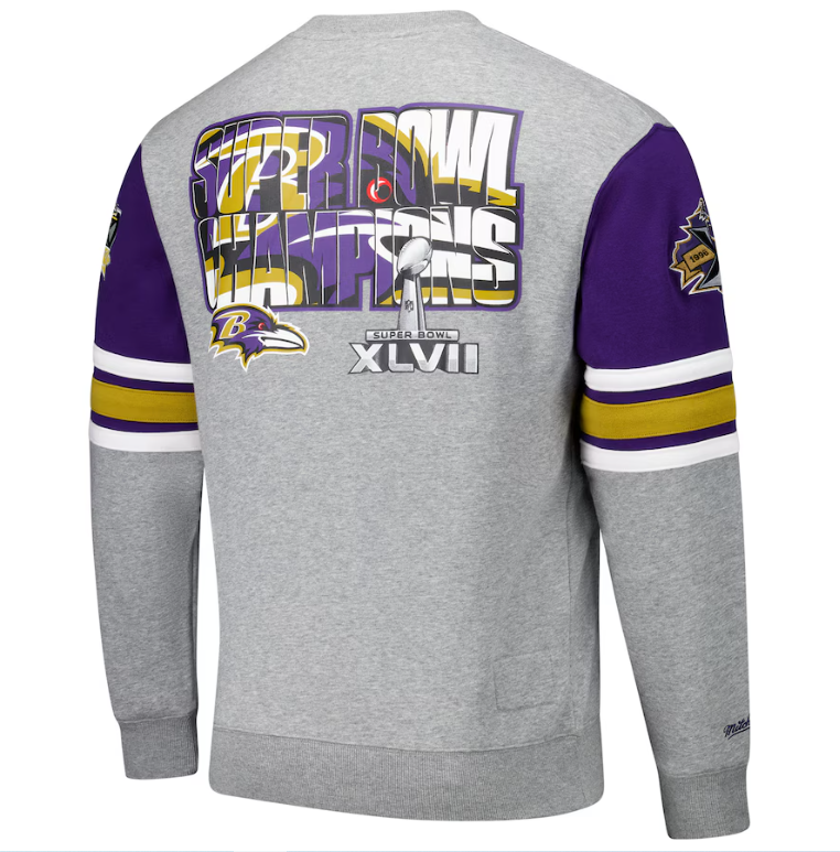 Baltimore Ravens Mitchell & Ness Commemorative All Over Print Crew Sweatshirt- Gray