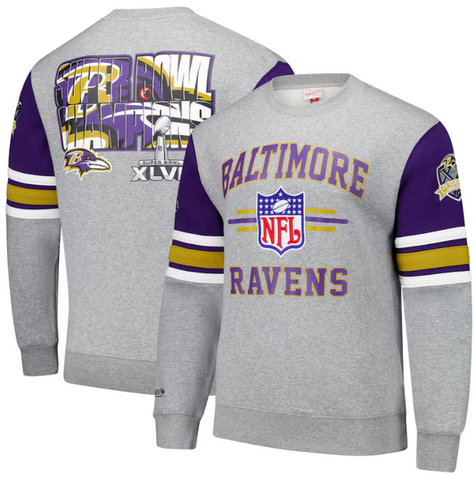 Baltimore Ravens Mitchell & Ness Commemorative All Over Print Crew Sweatshirt- Gray