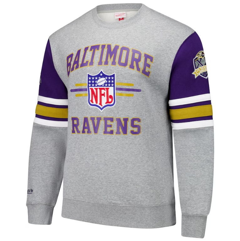 Baltimore Ravens Mitchell & Ness Commemorative All Over Print Crew Sweatshirt- Gray