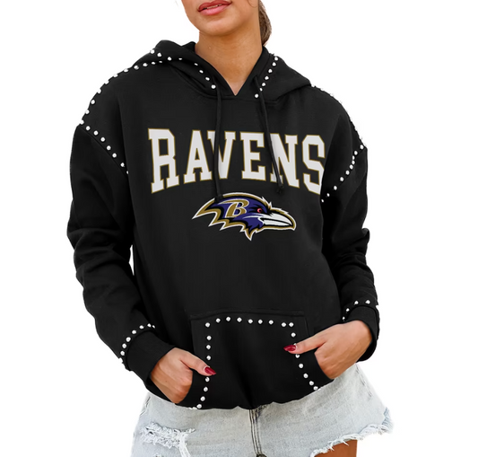 Baltimore Ravens Gameday Couture Women's Oversized Catch the Vibe Studded Pullover Hoodie - Black