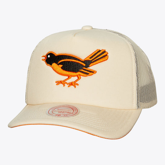 Baltimore Orioles Mitchell & Ness Evergreen Khaki Cooperstown Foam Trucker Snap Back Hat