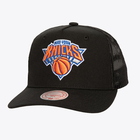 New York Knicks Mitchell & Ness Monogram Allover Logo Mesh Trucker Adjustable Hat - Black