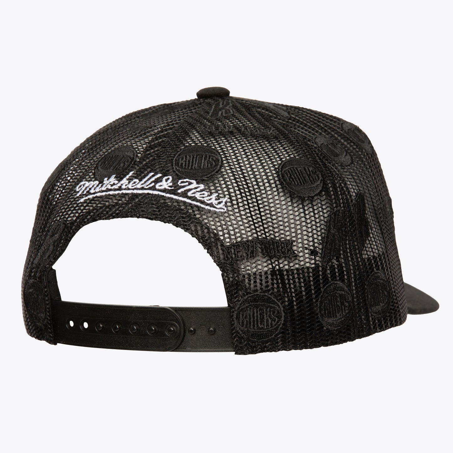 New York Knicks Mitchell & Ness Monogram Allover Logo Mesh Trucker Adjustable Hat - Black
