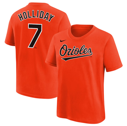 Baltimore Orioles Nike Youth #7 Jackson Holliday Name and Number T-Shirt- Orange