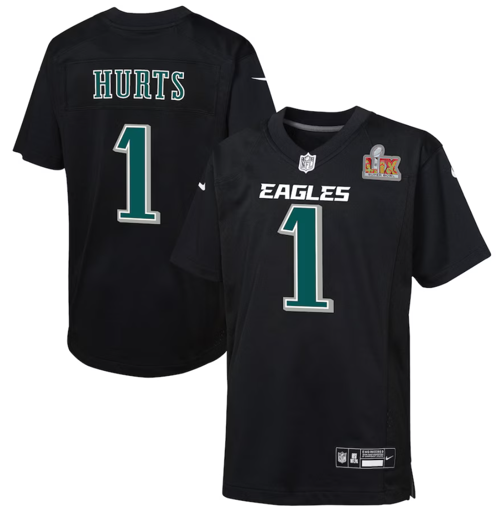 Jalen Hurts Philadelphia Eagles Nike Youth Super Bowl LIX Patch Game Player Jersey - Carbon Black