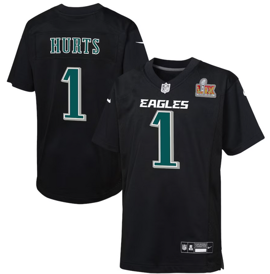 Jalen Hurts Philadelphia Eagles Nike Youth Super Bowl LIX Patch Game Player Jersey - Carbon Black
