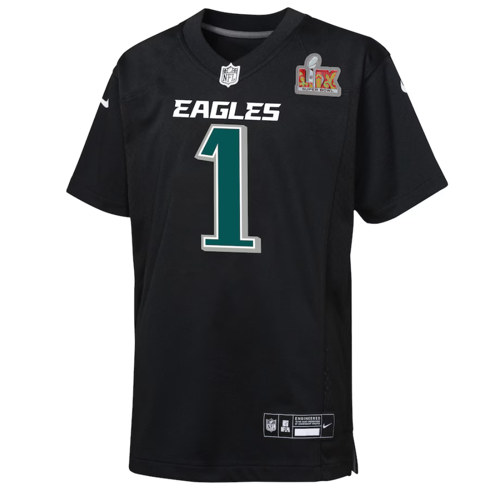 Jalen Hurts Philadelphia Eagles Nike Youth Super Bowl LIX Patch Game Player Jersey - Carbon Black