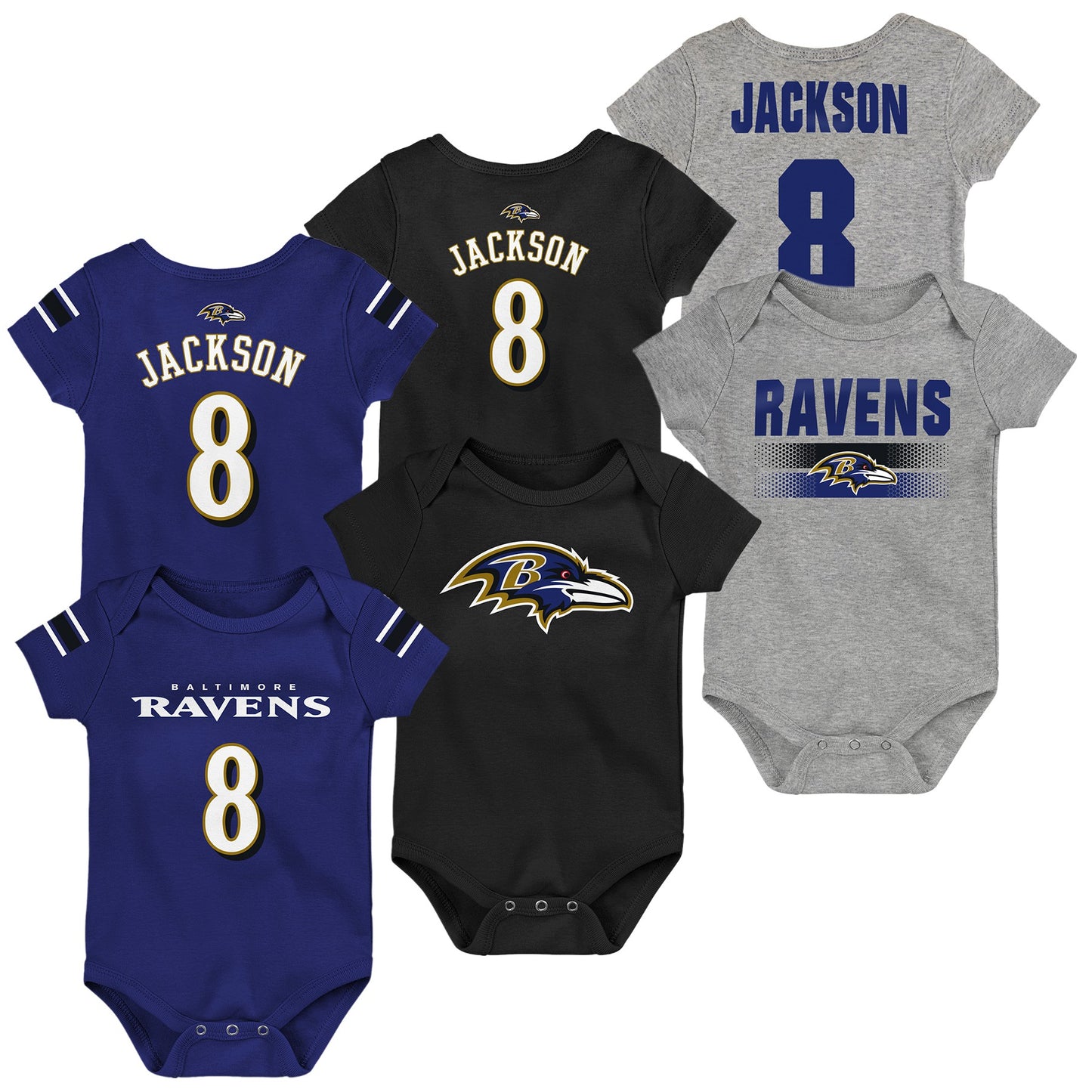 Baltimore Ravens Outerstuff Lamar Jackson #8 Infant 3 Bodysuit/Creeper Set - Gray/Purple/Black