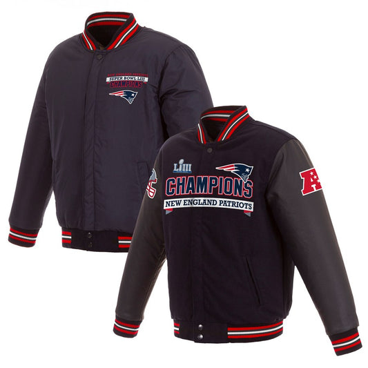 New England Patriots J.H. Design 6 Time Wool/Faux Leather Reversable Jacket - Blue