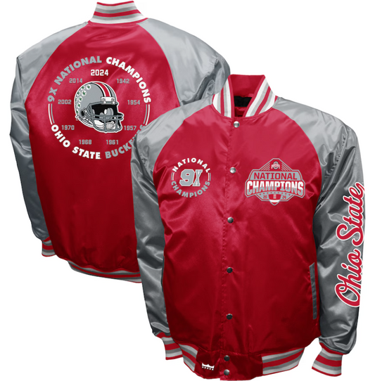 Ohio State Buckeyes Franchise Club College Football Playoff 2024 National Champions 9 TIME Champions Full-Snap Satin Jacket - Scarlet