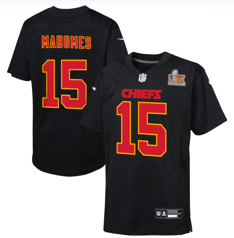 Kansas City Chiefs Patrick Mahomes Nike Youth Super Bowl LIX Patch Carbon Game Jersey - Black