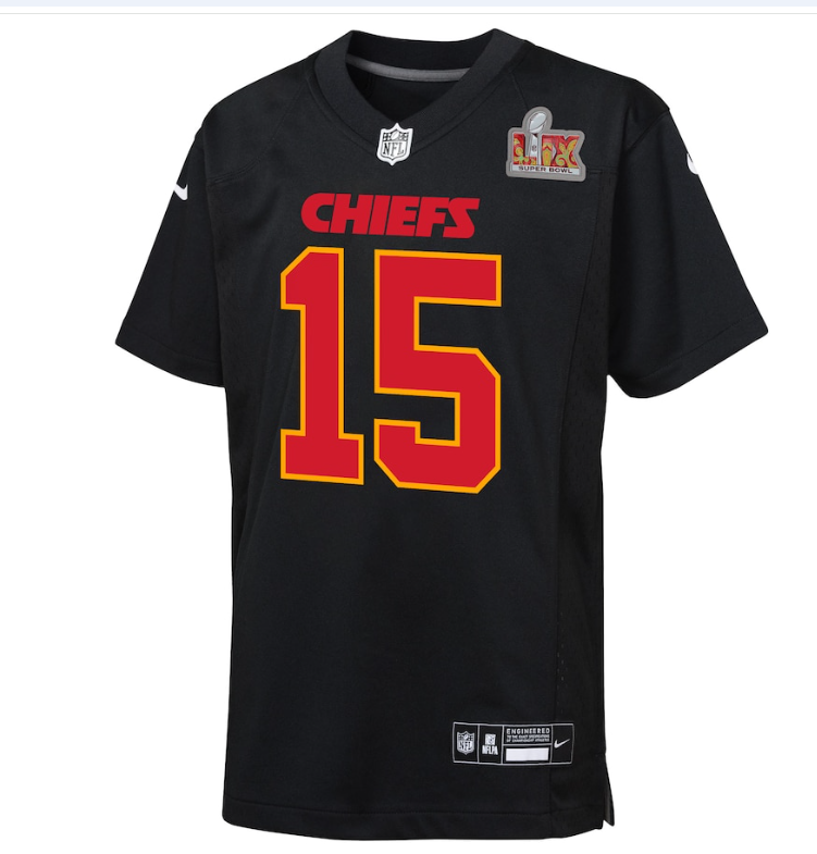 Kansas City Chiefs Patrick Mahomes Nike Youth Super Bowl LIX Patch Carbon Game Jersey - Black