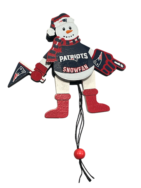 New England Patriots Pull String Wood Snowman Ornament