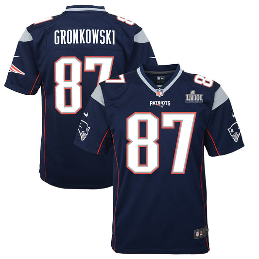 New England Patriots #87 Rob Gronkowski Super Bowl LIII Youth Game Jersey - Blue