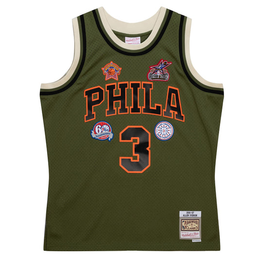 Philadelphia 76ers Mitchell & Ness #3 Allen Iverson Olive Flight 1996-97 Hardwood Classics Swingman Jersey
