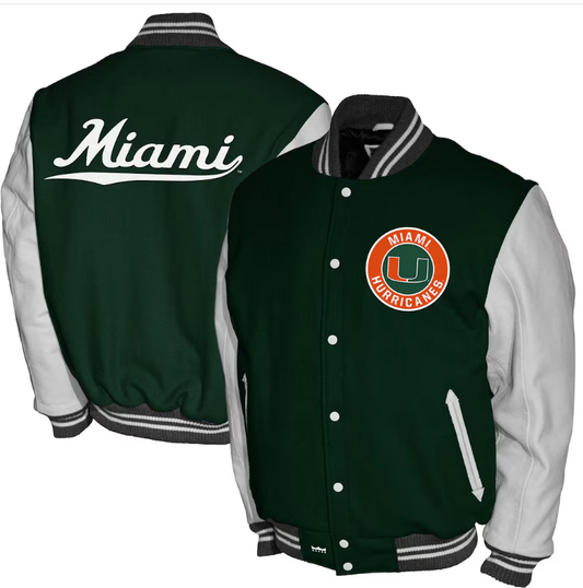 Miami Hurricanes Franchise Club Full-Snap Letterman Grad Wool Leather Jacket - Green