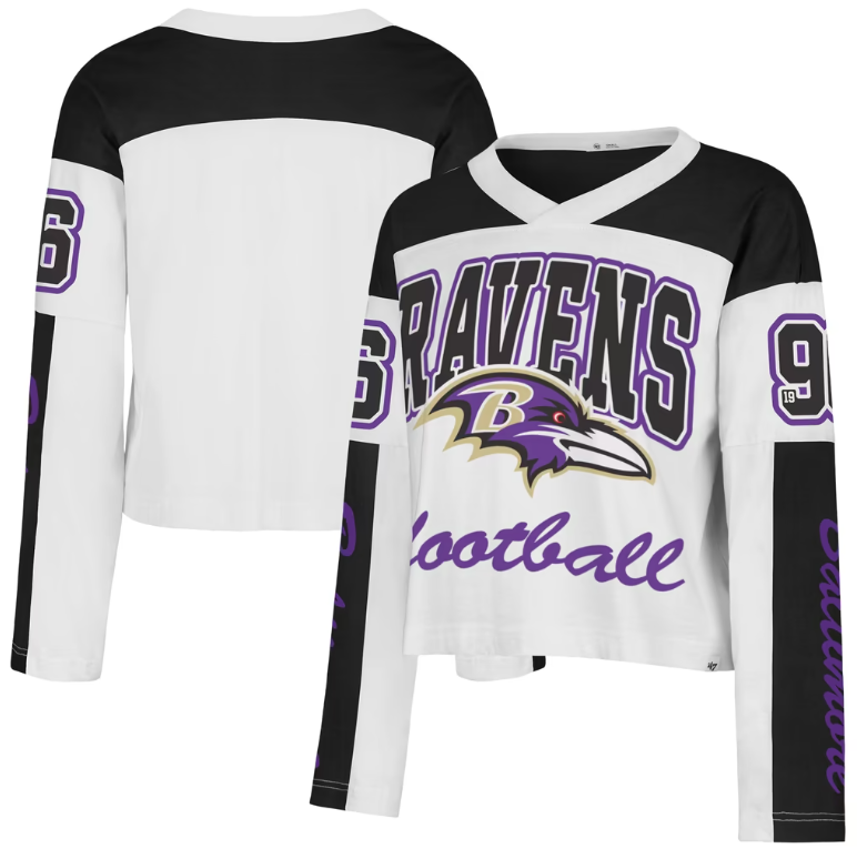 Baltimore Ravens '47 Women's White Exclamation Metro V-Neck Long Sleeve Jersey T-Shirt